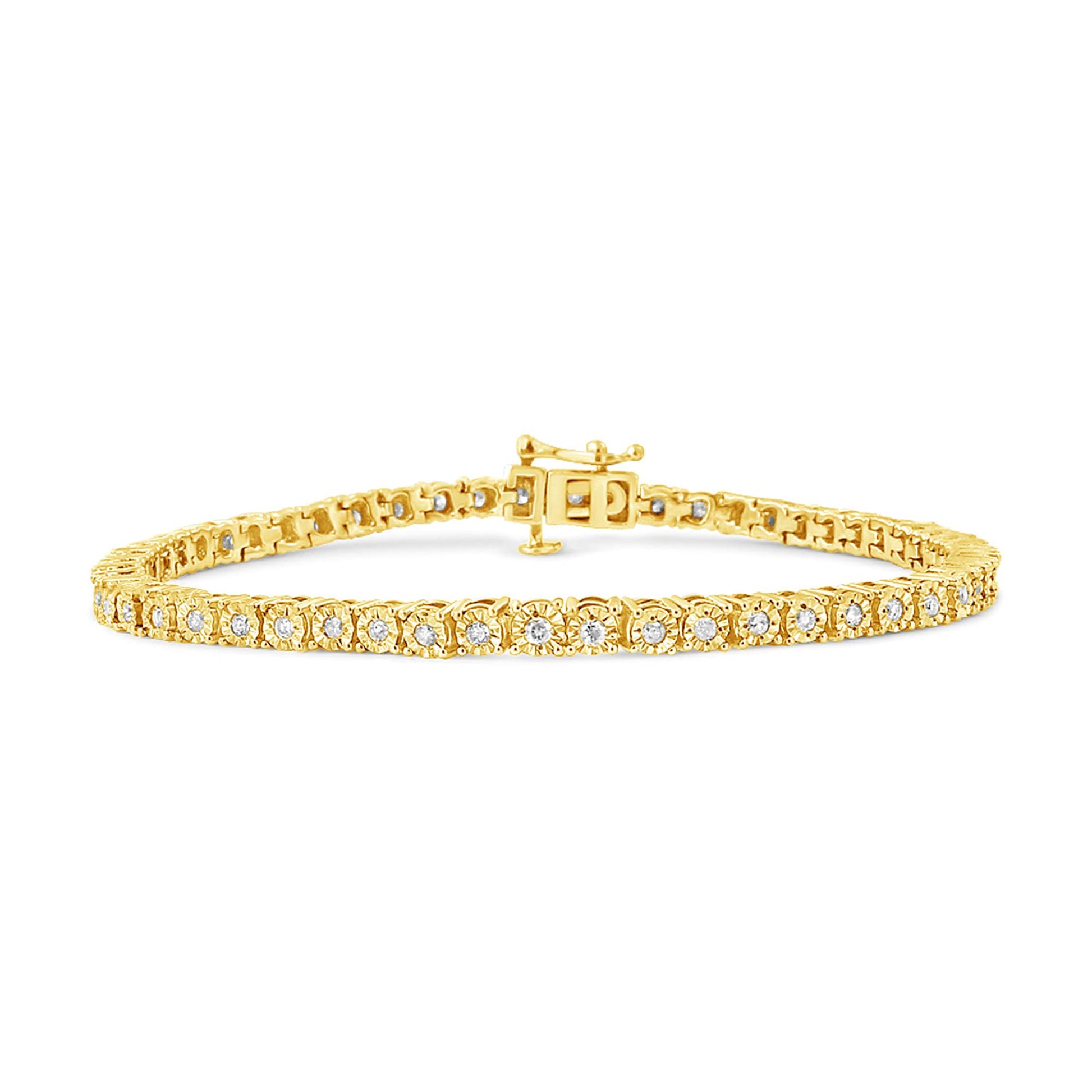 Yellow bracelet with round white gemstones set in a miracle setting, shown from a front angle on a white background.