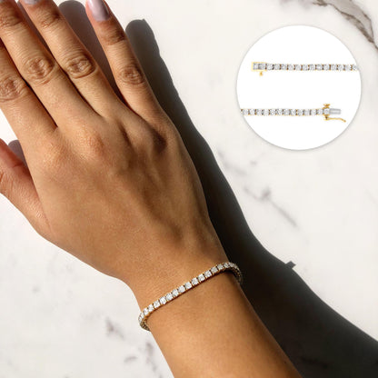 Yellow bracelet with round white gemstones in a miracle setting shown worn on a model's wrist, angled top-down; inset shows a close-up of the bracelet laid flat with clasp visible.