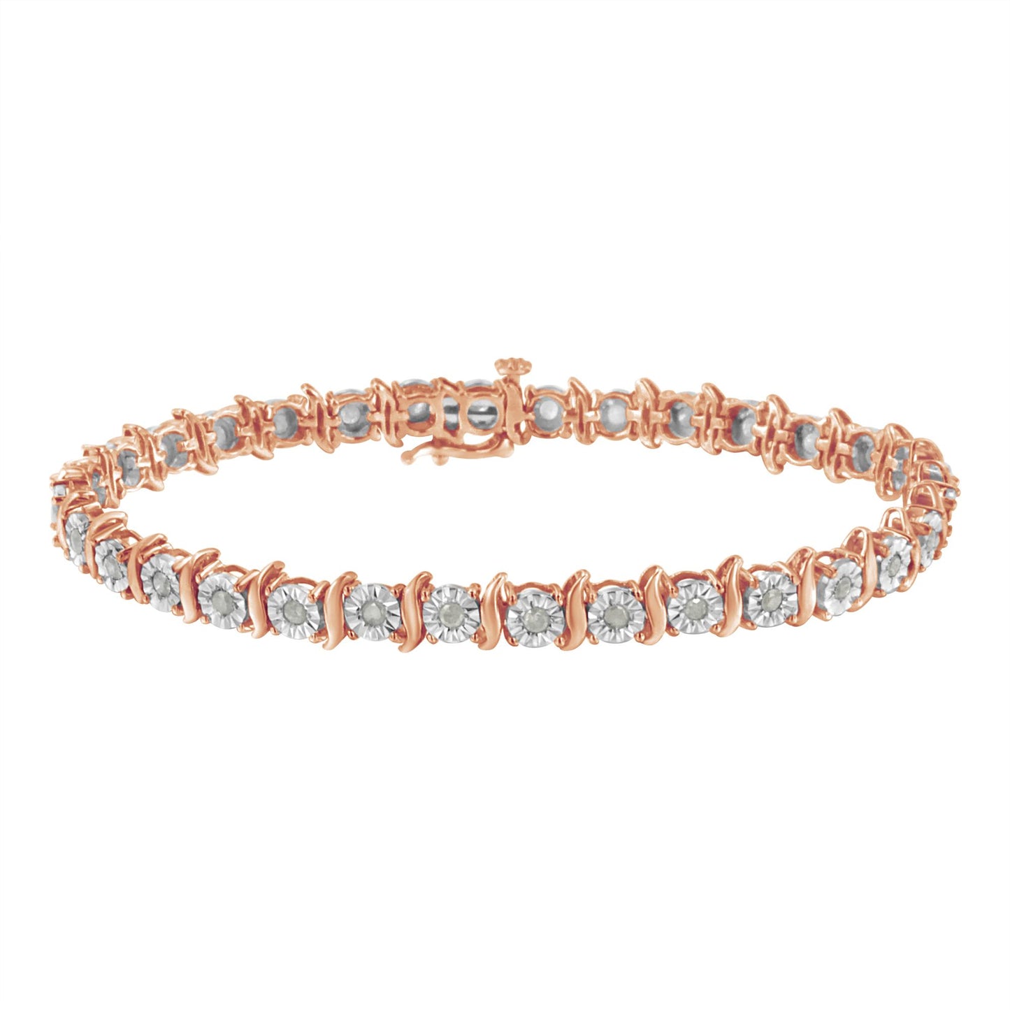 Rose-colored bracelet with white round gemstones in a miracle setting, shown from a slightly elevated front angle.