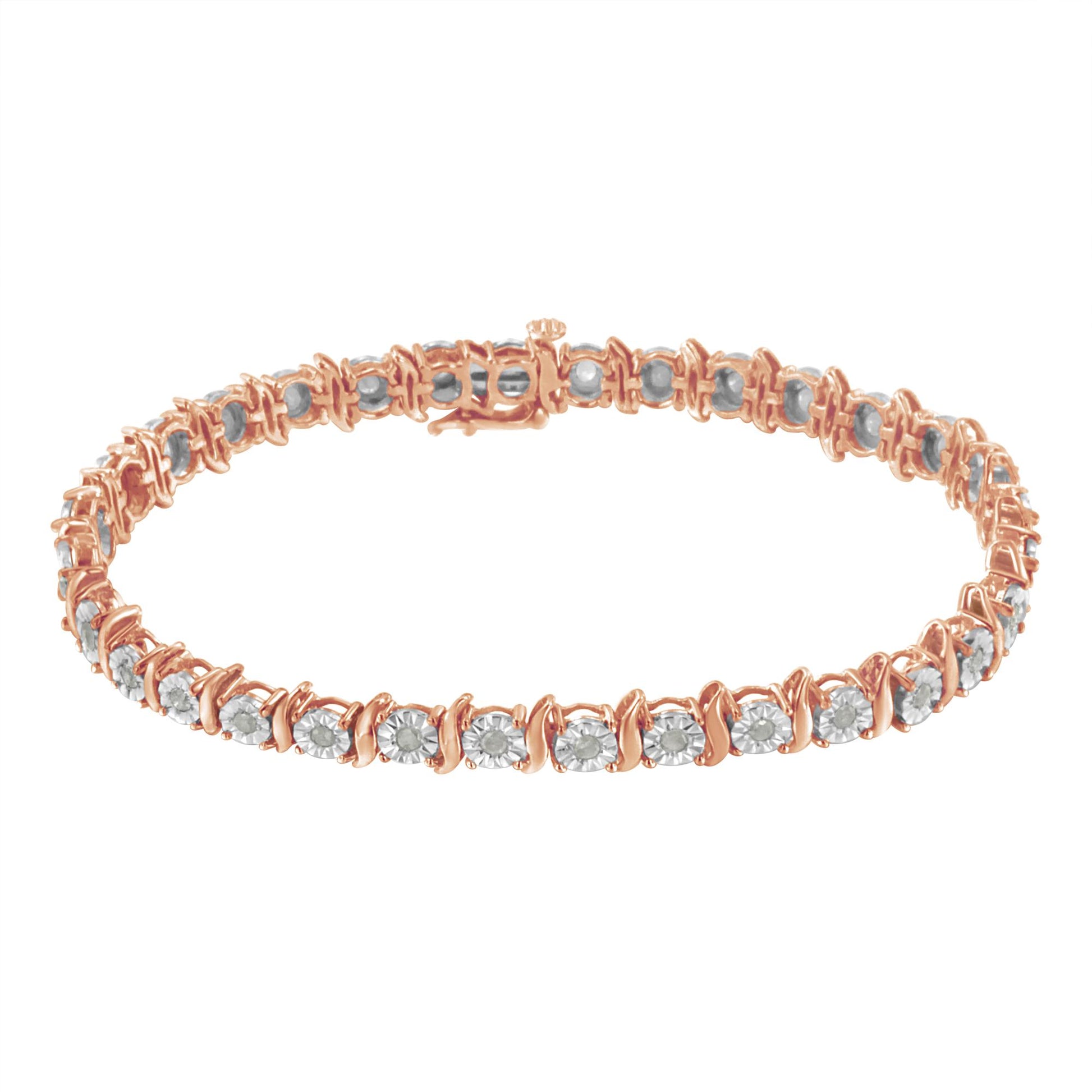 Close-up front angle of a rose-colored metal bracelet with round white gemstones in a continuous setting.