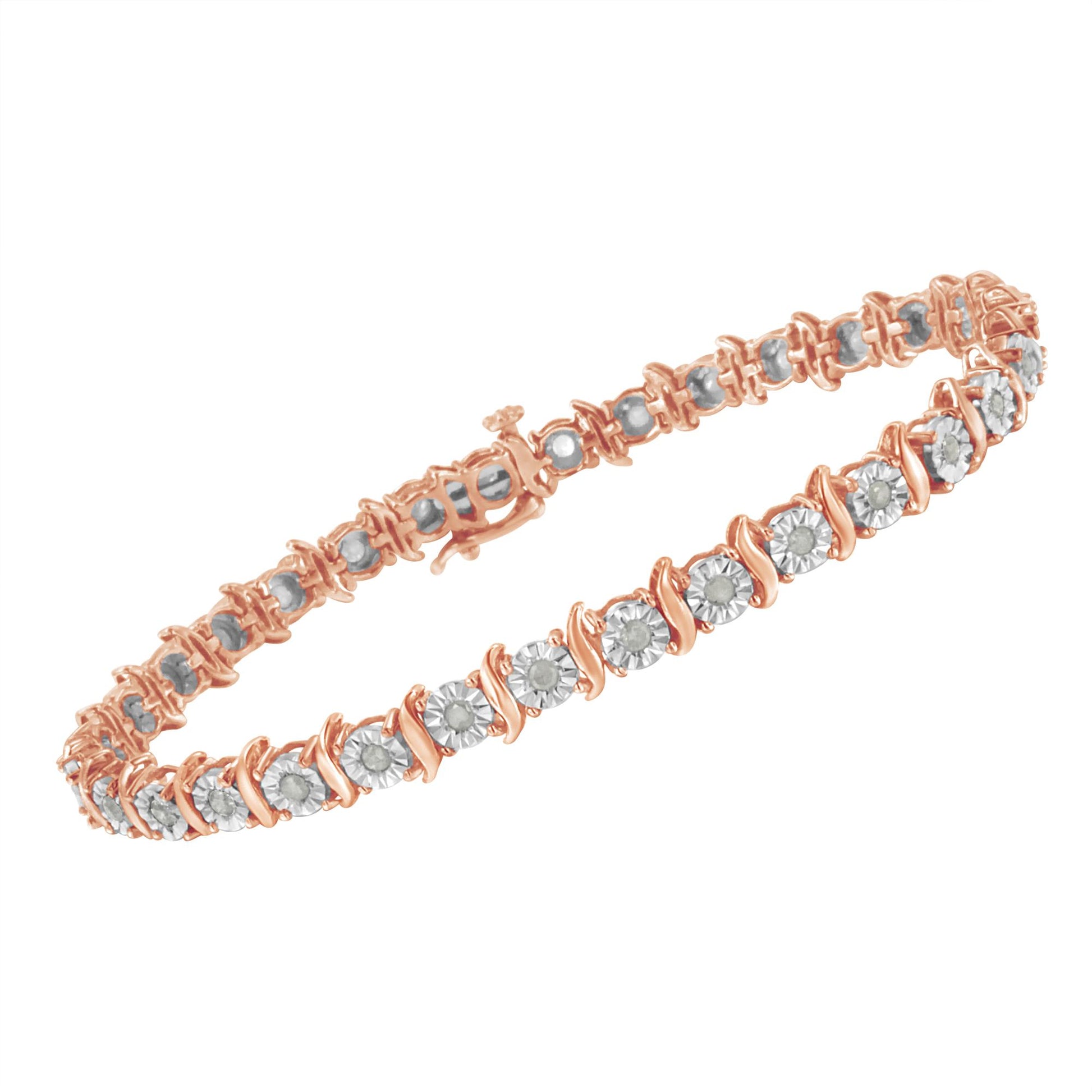 Rose metal bracelet with round white gemstones in miracle setting, shown at an angled side view.