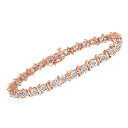 Rose metal bracelet with round white gemstones in miracle setting, shown at an angled side view.