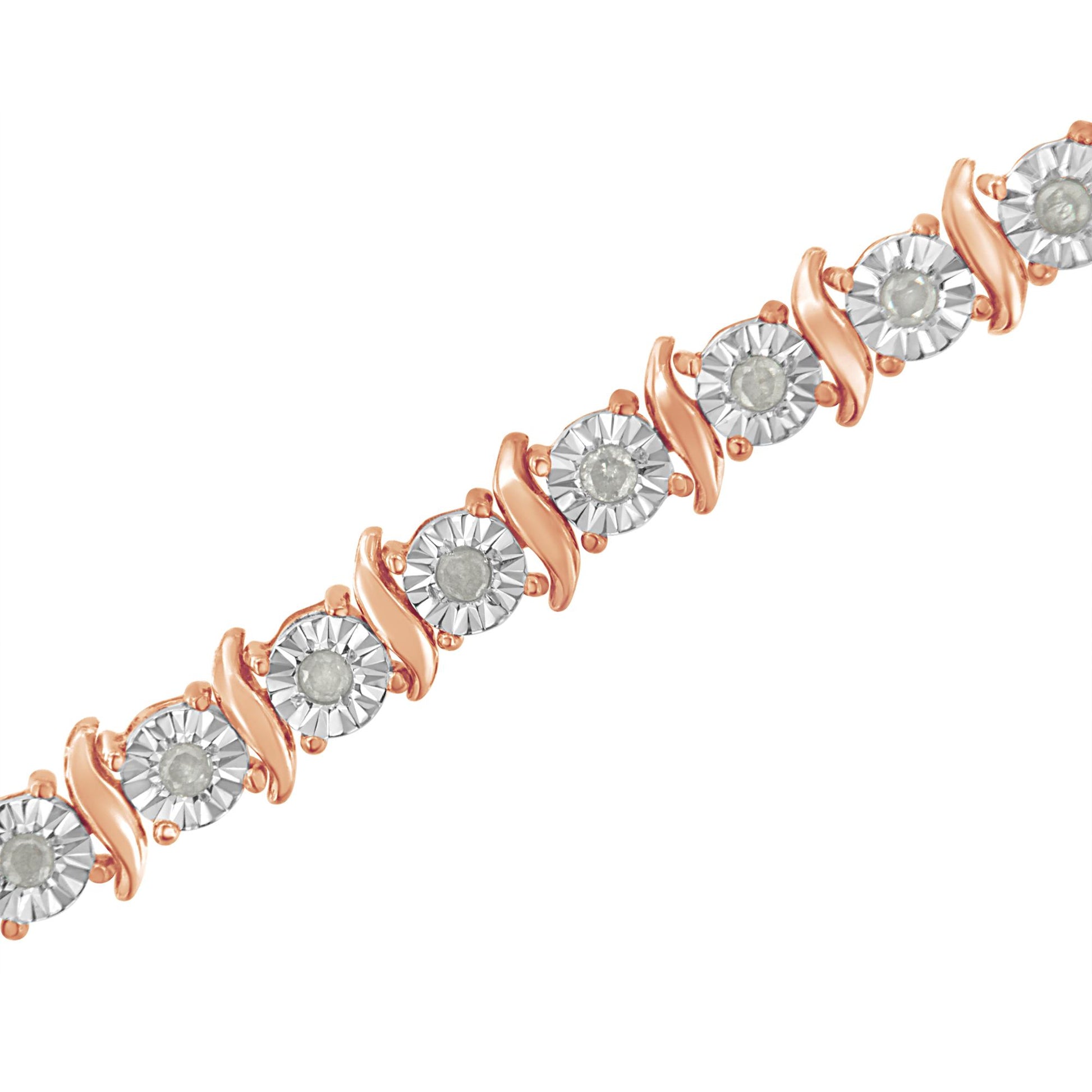 Close-up angled view of a rose-colored metal bracelet featuring round white gemstones in a miracle setting, each gemstone alternating with a curved metal accent.