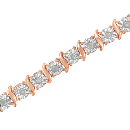 Close-up angled view of a rose-colored metal bracelet featuring round white gemstones in a miracle setting, each gemstone alternating with a curved metal accent.
