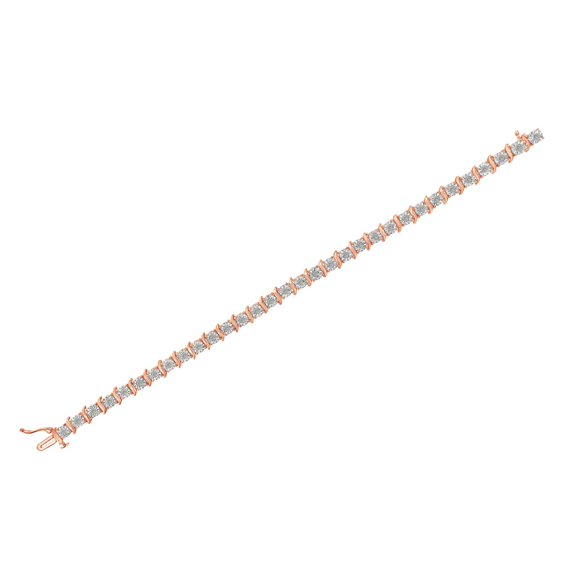 Rose-colored bracelet with round white gemstones in a single row, shown flat from a top-down angle.