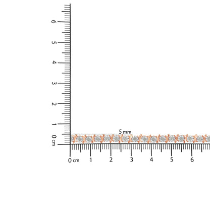 Rose metal bracelet with round white gemstones in miracle setting, shown horizontally on a ruler for size reference, top-down view.