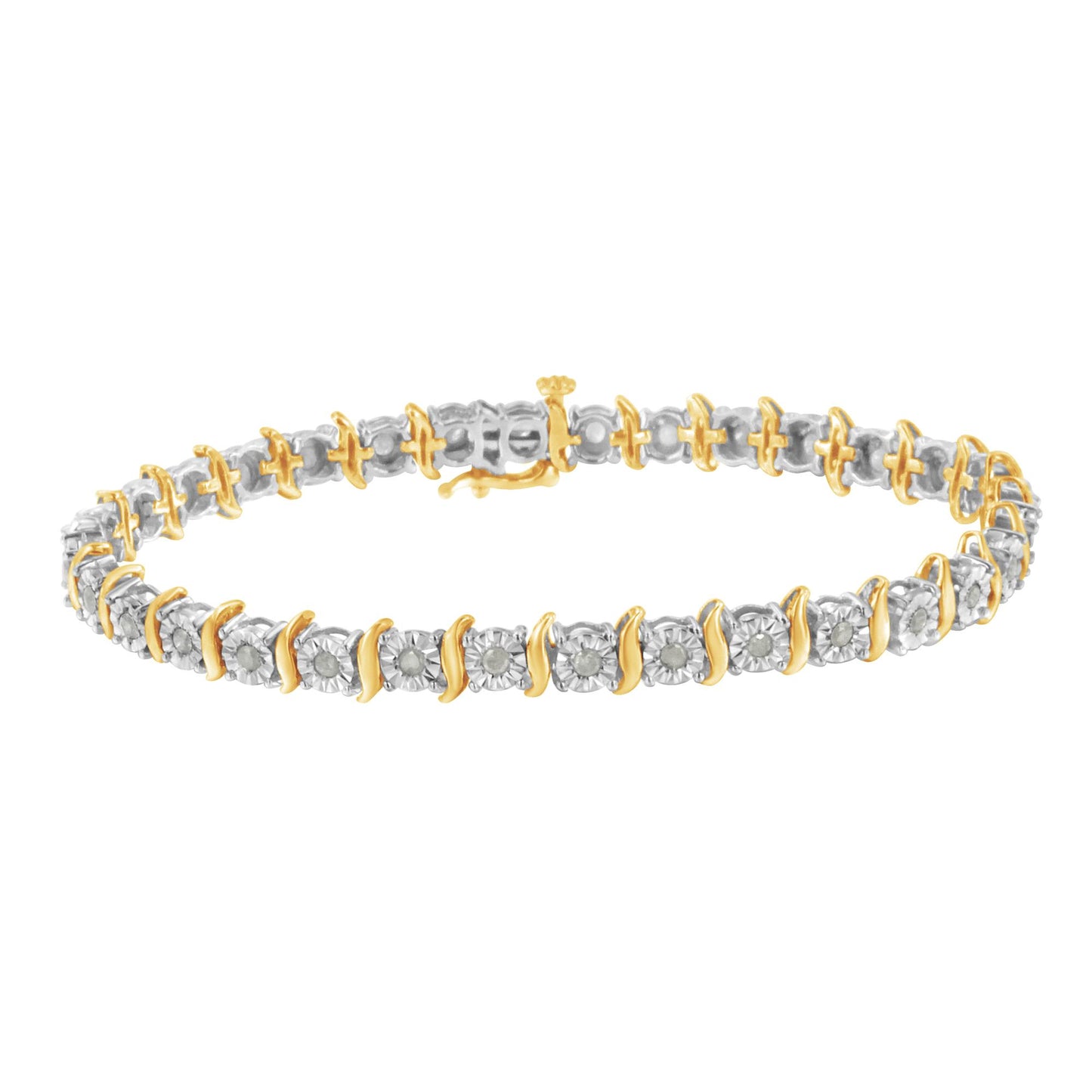 Bracelet with alternating yellow and white metal links, each adorned with a round white gemstone in a miracle setting, shown in a front angle view.
