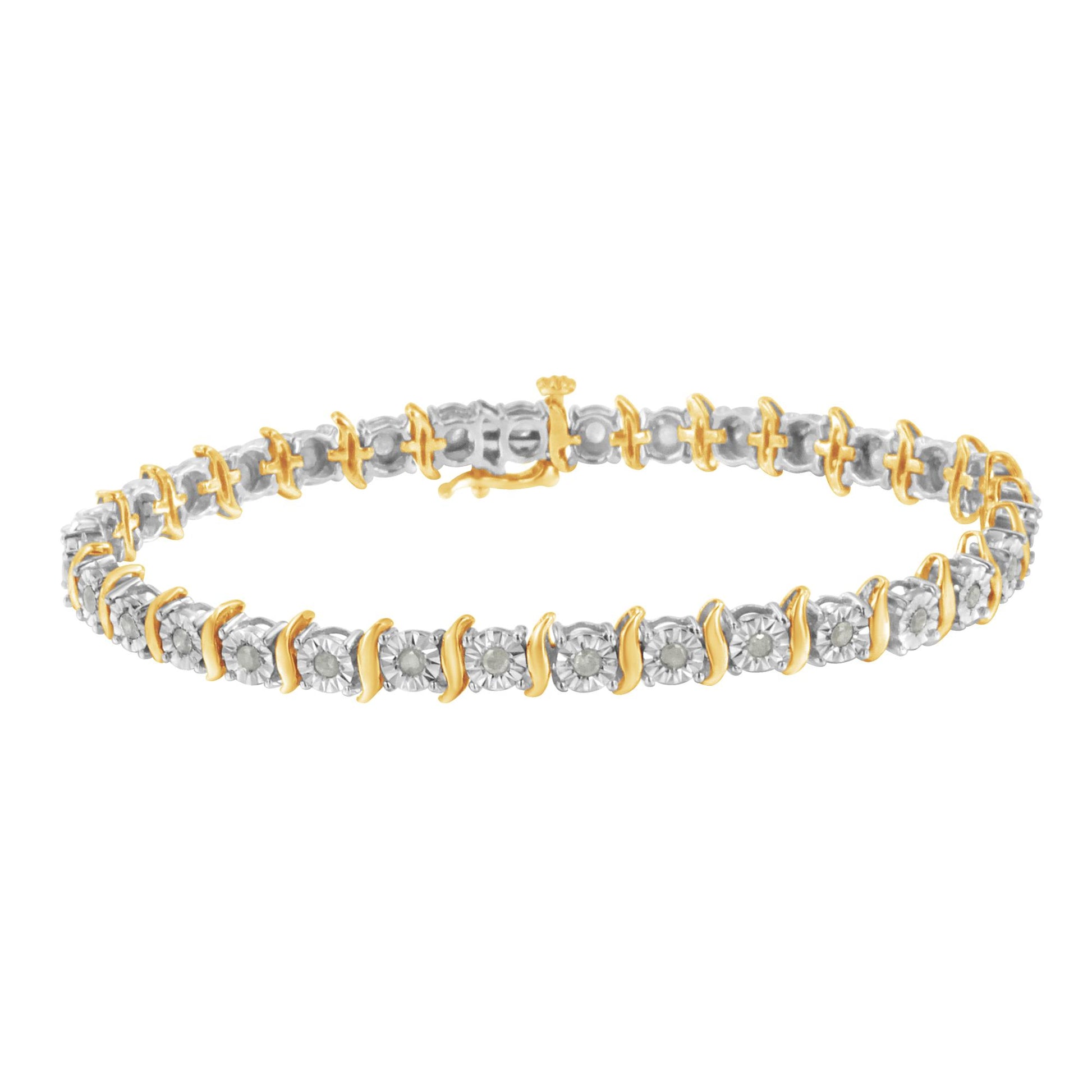 Bracelet with alternating yellow and white metal links, each adorned with a round white gemstone in a miracle setting, shown in a front angle view.