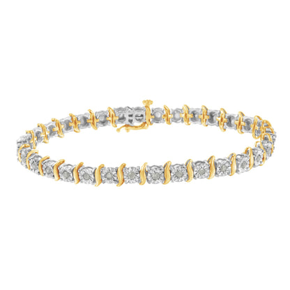Bracelet with alternating yellow and white metal links, each adorned with a round white gemstone in a miracle setting, shown in a front angle view.