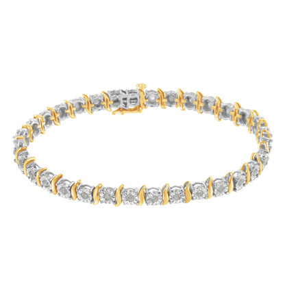 Close-up image of a yellow and white metal bracelet with round white gemstones in miracle setting, shown from a slightly top angled view.