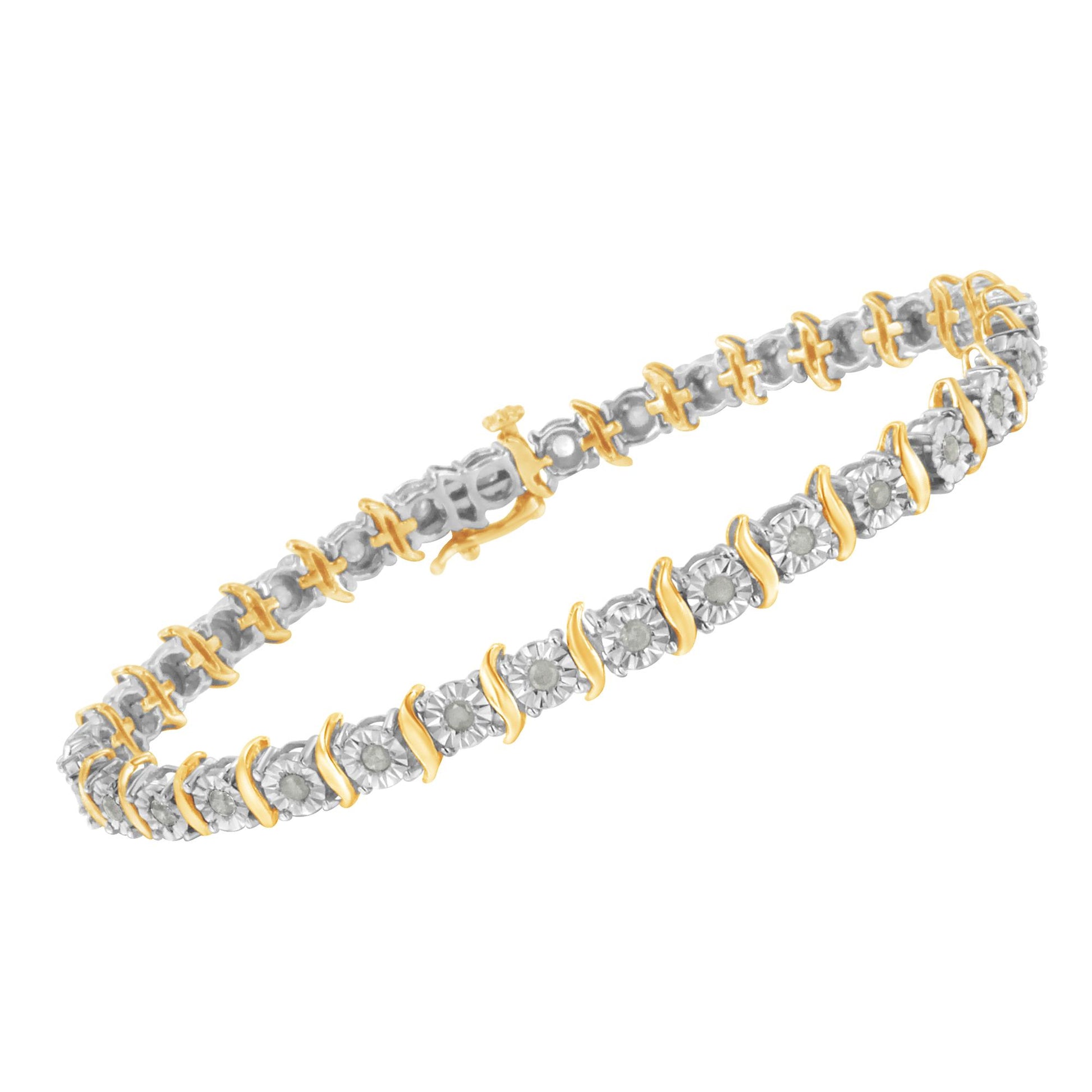 Yellow and white metal bracelet with round white gemstones in miracle setting, shown at an angle.
