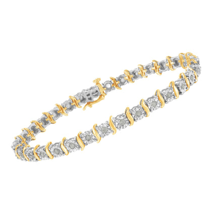 Yellow and white metal bracelet with round white gemstones in miracle setting, shown at an angle.