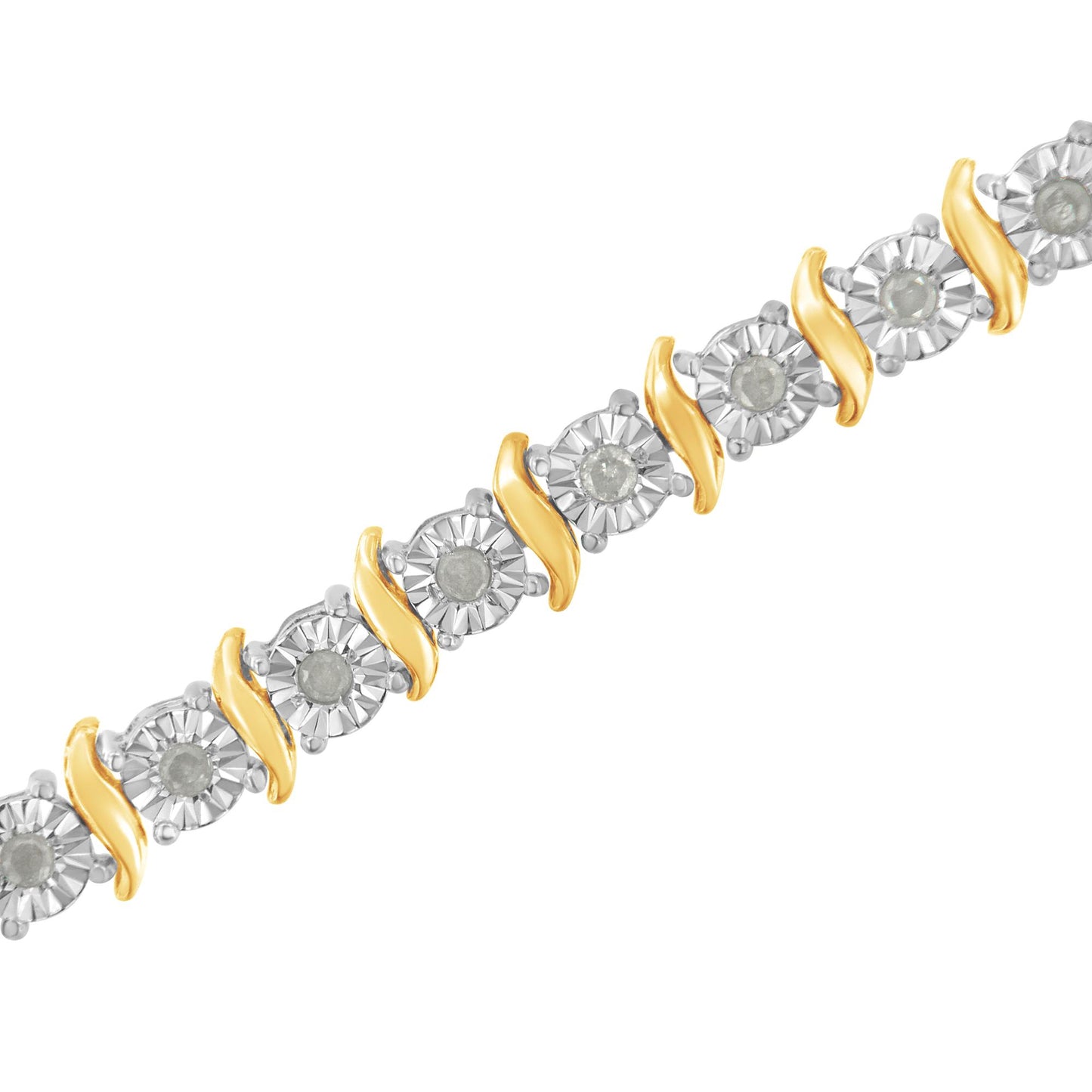 Diagonal close-up of a bracelet featuring alternating yellow and white metal links, each white metal link set with a round white gemstone in a miracle setting.