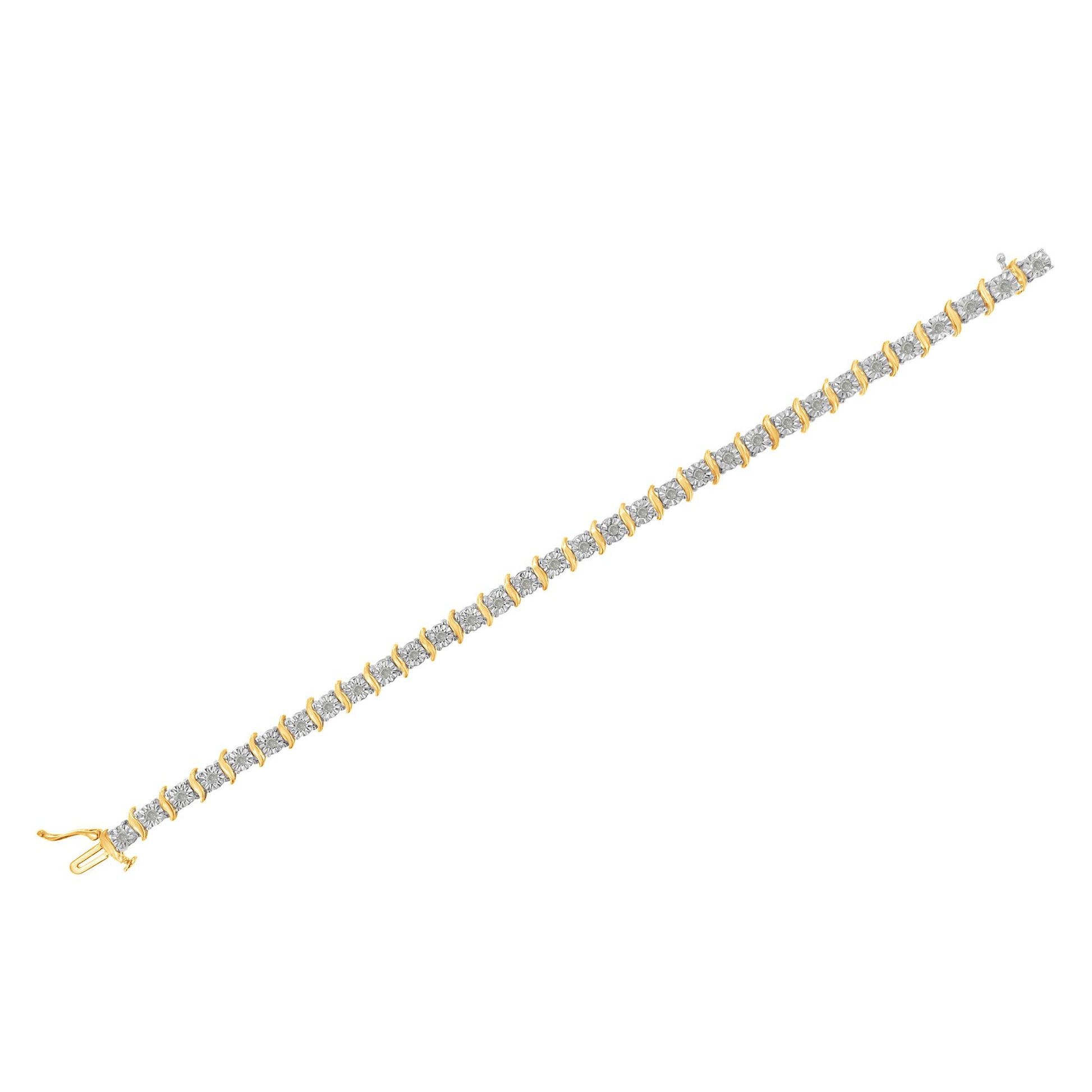 Straight-on top view of a bracelet with alternating yellow and white metal links, each set with a round white gemstone in a miracle setting.