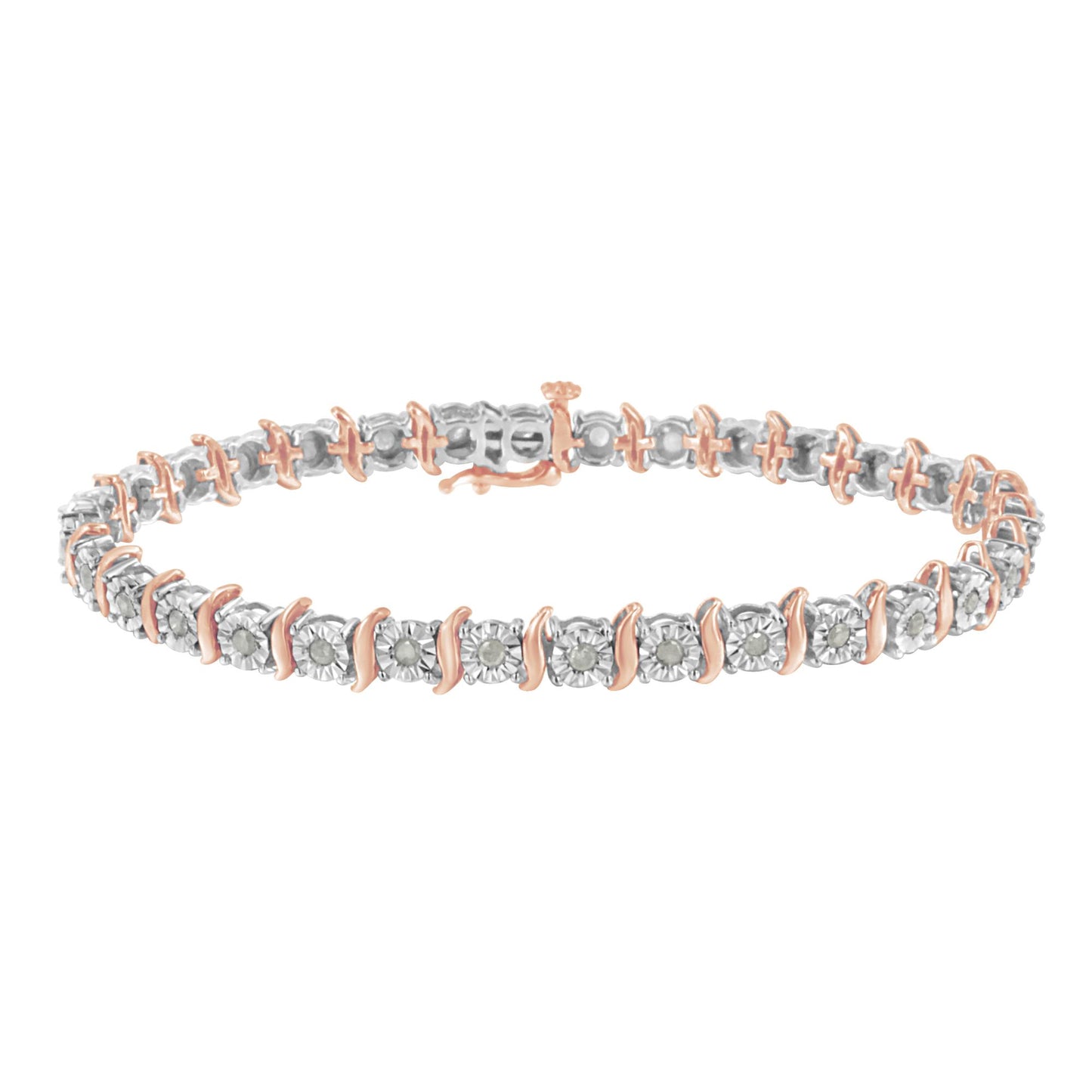 Bracelet with alternating white and rose metal links set with round white gemstones in miracle settings, shown in a side angle shot.