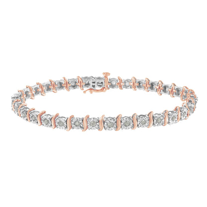 Bracelet with alternating white and rose metal links set with round white gemstones in miracle settings, shown in a side angle shot.