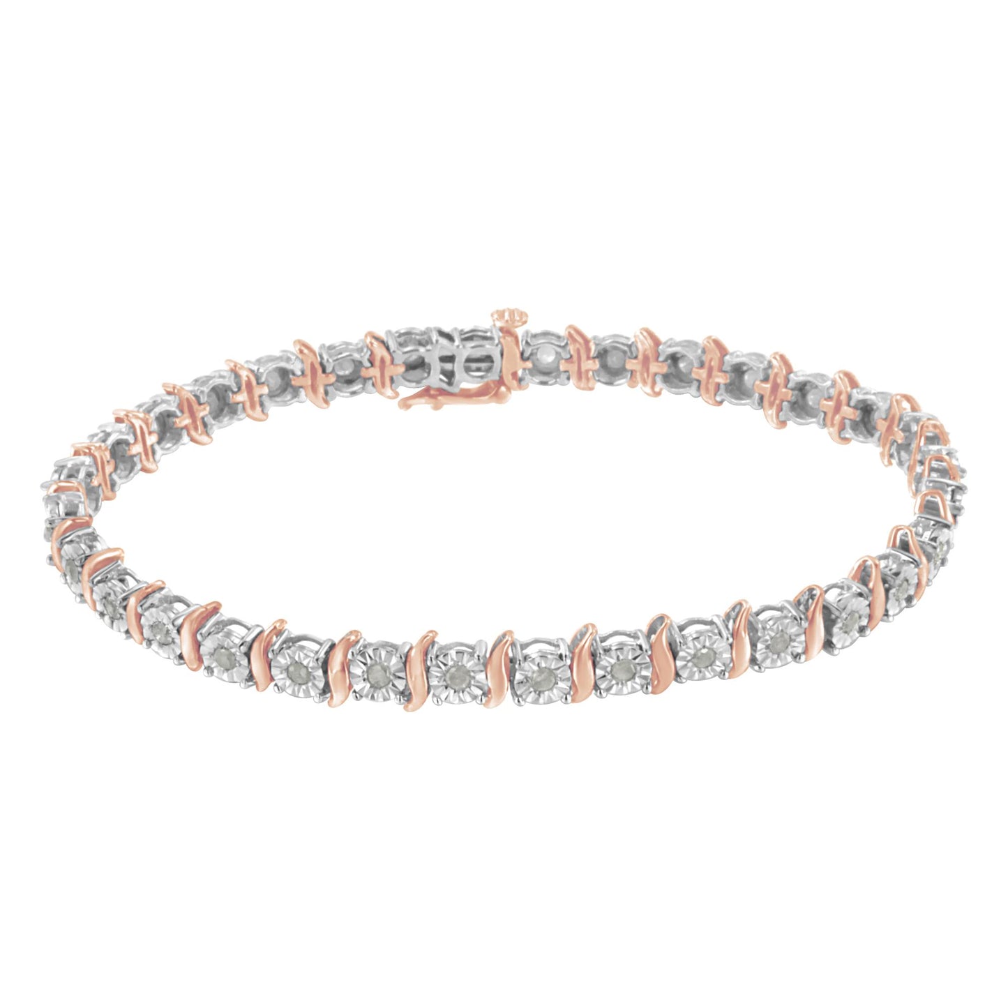 Bracelet with alternating white and rose metal links featuring round white gemstones in a miracle setting, shown in a front angled view.