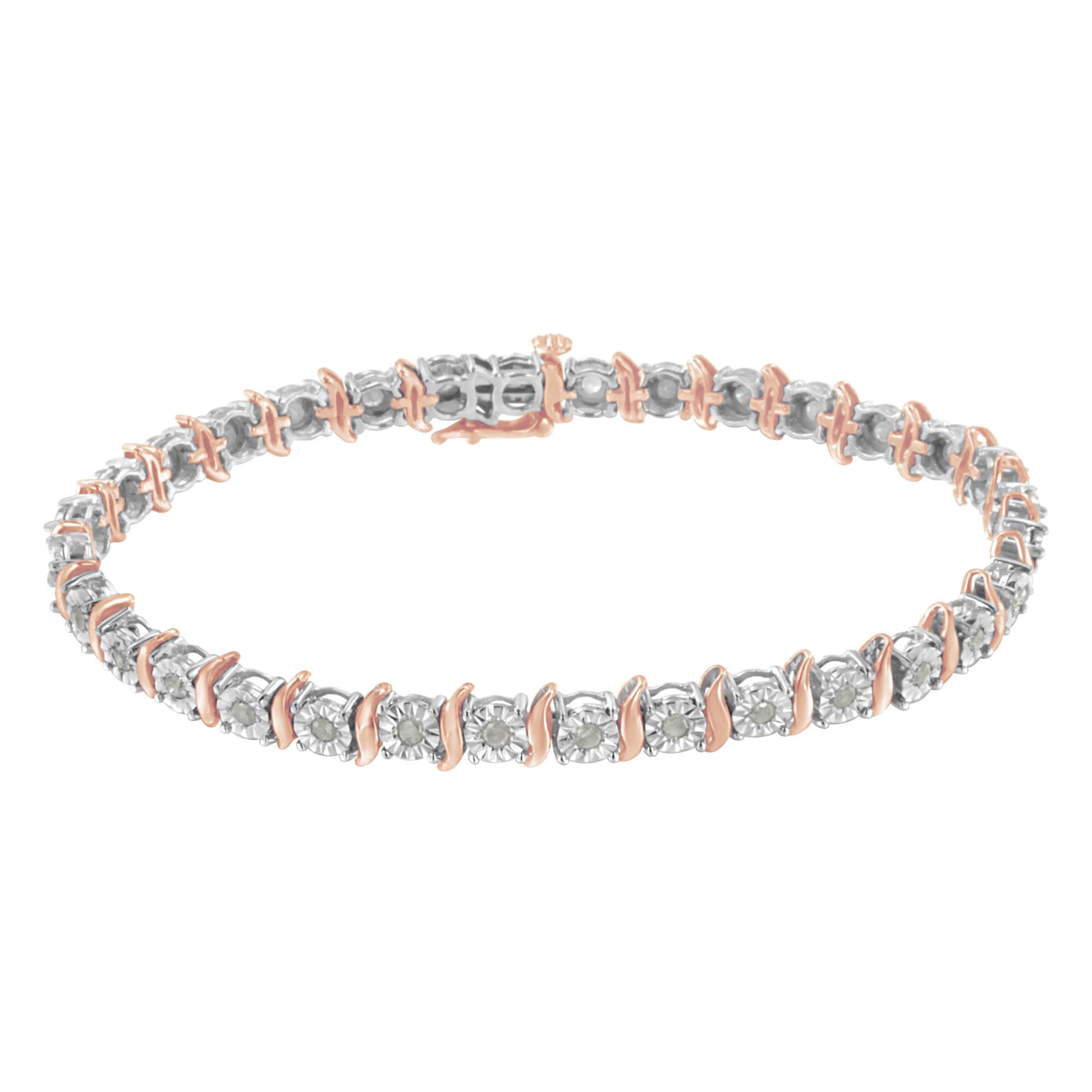 Bracelet with alternating white and rose metal links featuring round white gemstones in a miracle setting, shown in a front angled view.