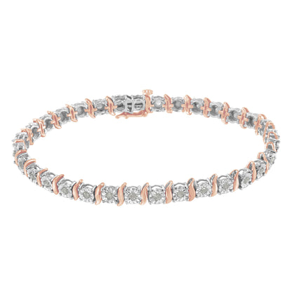 Bracelet with alternating white and rose metal links featuring round white gemstones in a miracle setting, shown in a front angled view.