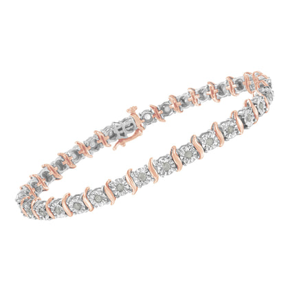 Bracelet angled slightly from above, featuring alternating sections of white and rose metal with round white gemstones in miracle settings.