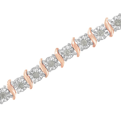 Close-up angle of a two-tone bracelet featuring round white gemstones in a miracle setting, alternating with curved rose-colored metal accents.