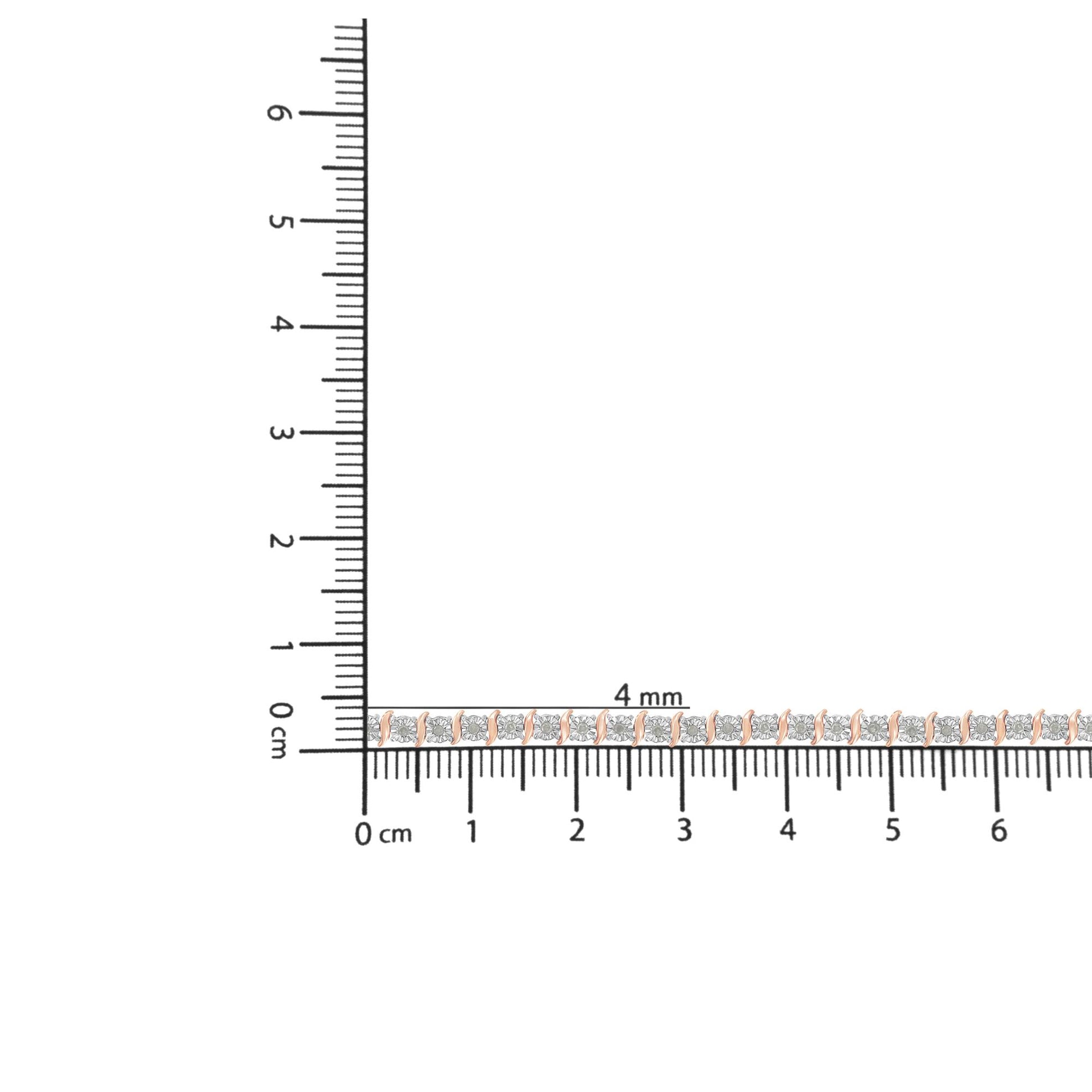 Bracelet with alternating white and rose metal links and round white gemstones in miracle setting, shown in close-up on a ruler for size reference.