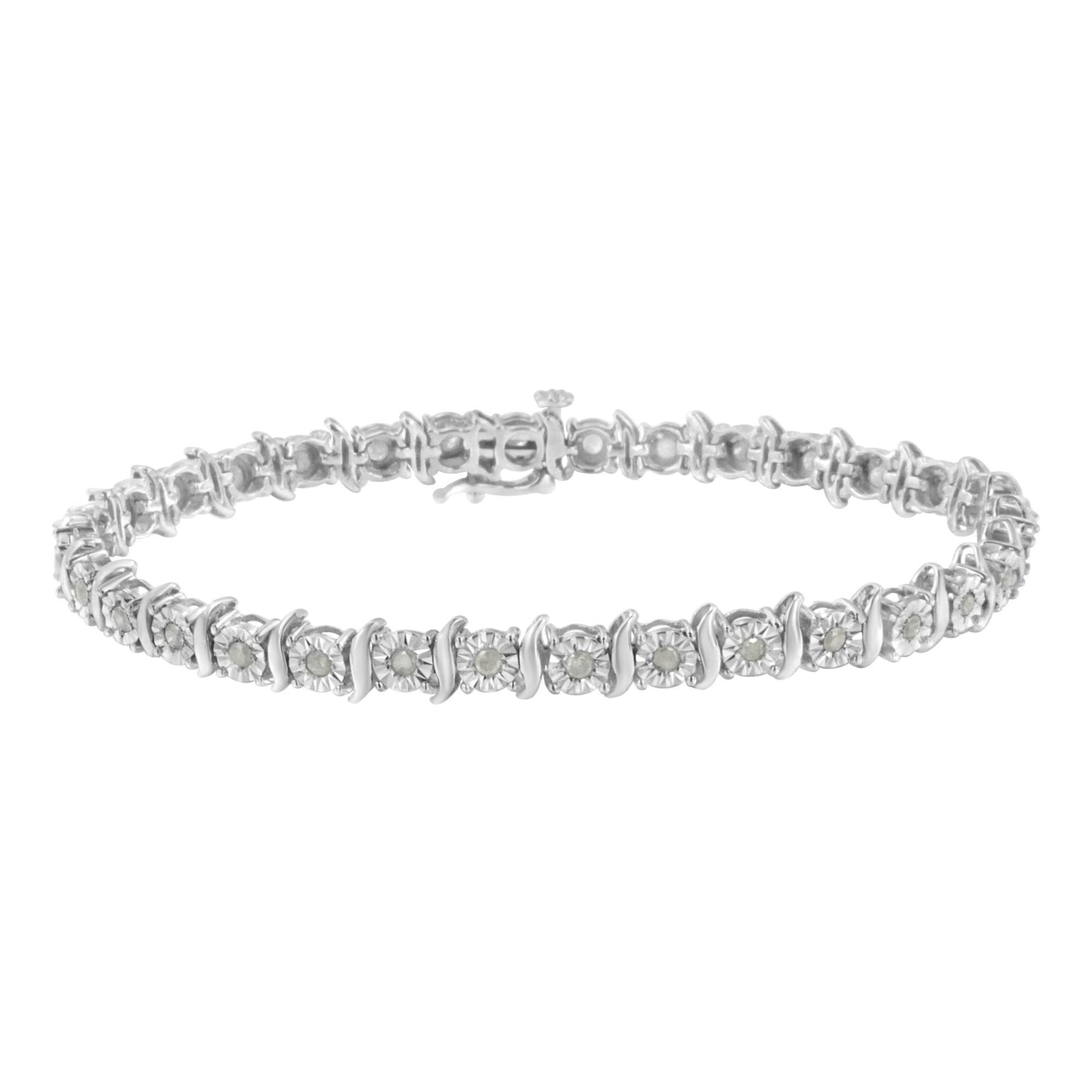 White metal bracelet with round white gemstones in miracle settings, shown at a slight angle on a white background.