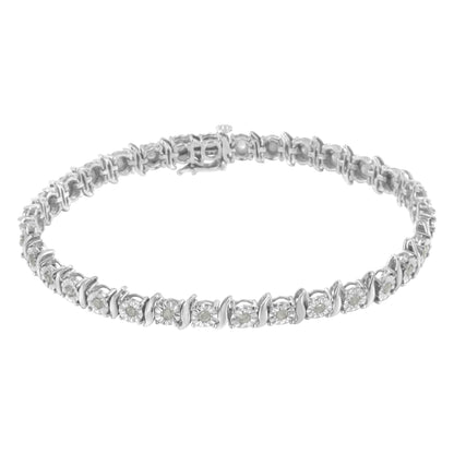 White metal bracelet with round white gemstones in miracle settings, shown from a slightly elevated front angle.