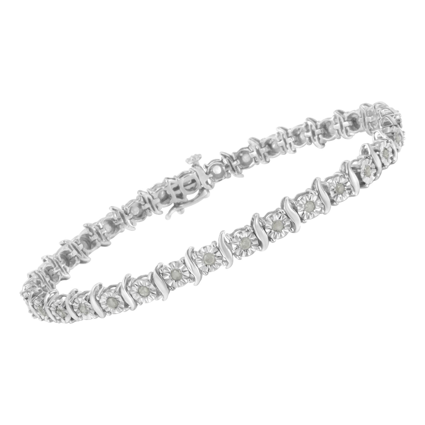 White metal bracelet with round white gemstones in a miracle setting, shown at a slight angle.