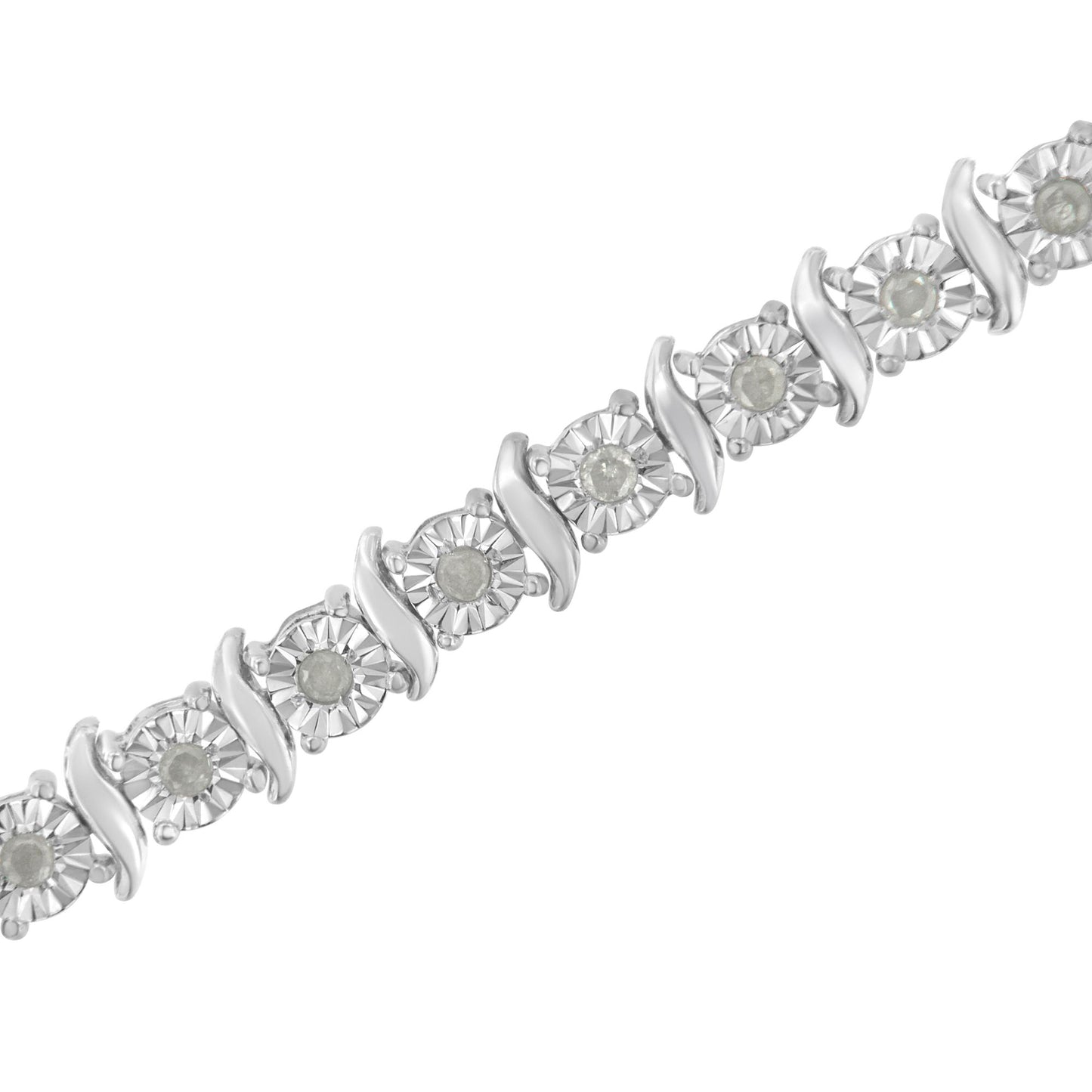 Diagonal close-up shot of a white metal bracelet featuring round white gemstones set in a Miracle setting, alternating with smooth curved links.