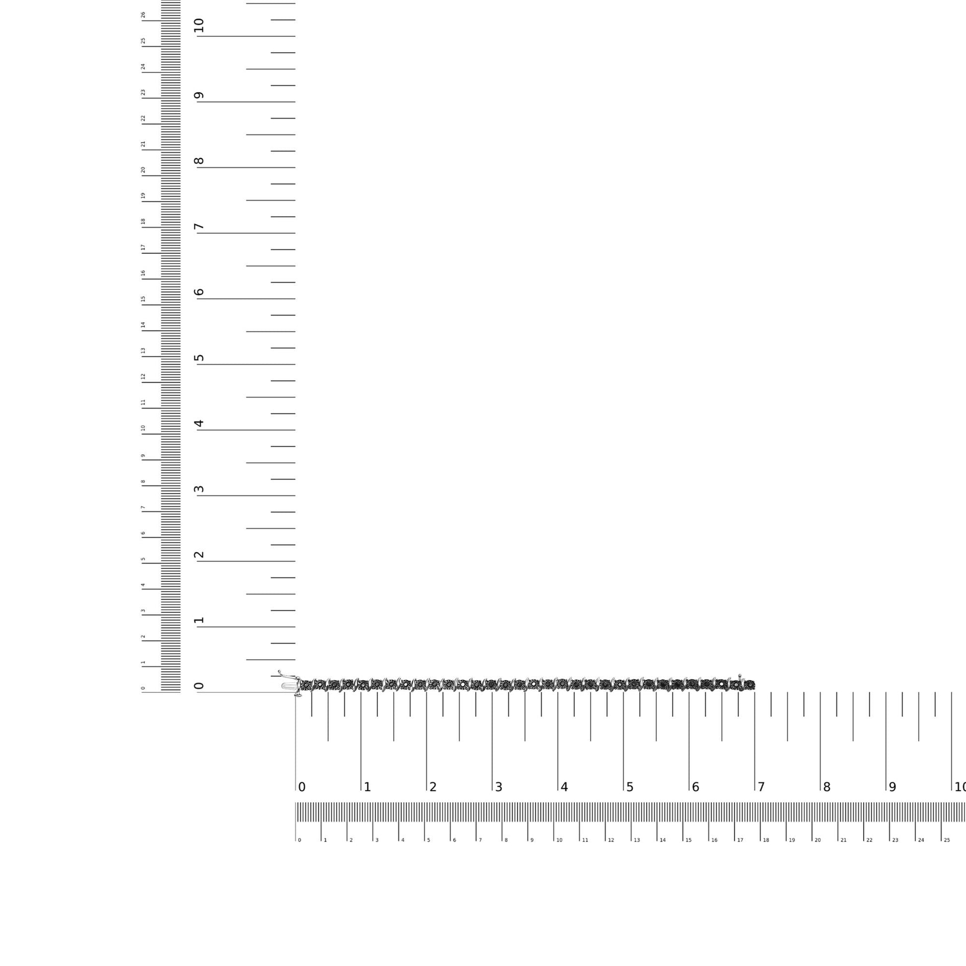 Bracelet with round black gemstones in miracle settings displayed flat on an L-shaped ruler, top-down angle.