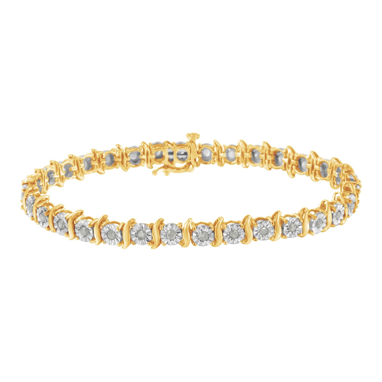 Yellow metal bracelet with round white gemstones in a miracle setting, shown from a slight front angle.