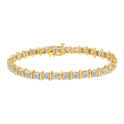 Yellow metal bracelet with round white gemstones in a miracle setting, shown from a slight front angle.