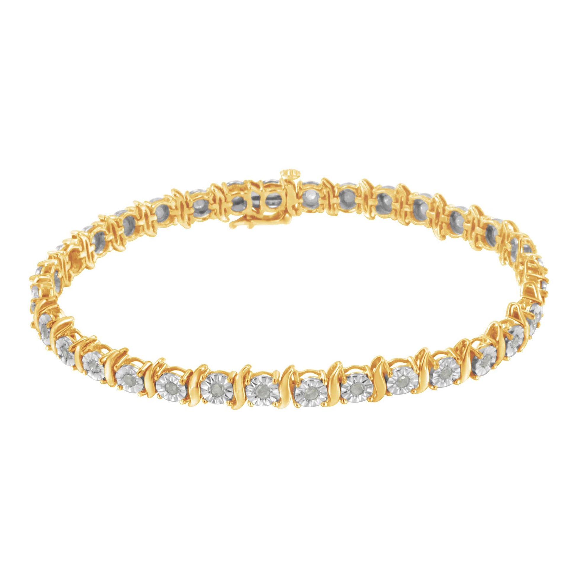 Yellow bracelet with round white gemstones in miracle setting, shown from a slight side angle.
