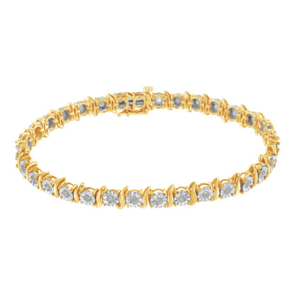 Yellow bracelet with round white gemstones in miracle setting, shown from a slight side angle.