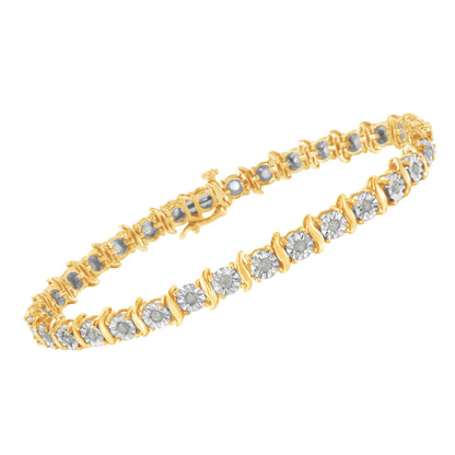Yellow metal bracelet with round white gemstones in miracle setting, shown at an angle.