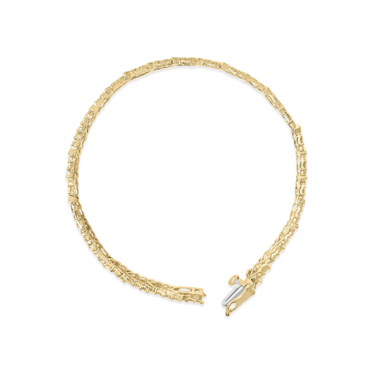 Close-up front angle of an open yellow and white metal bracelet with rectangular links and a clasp.