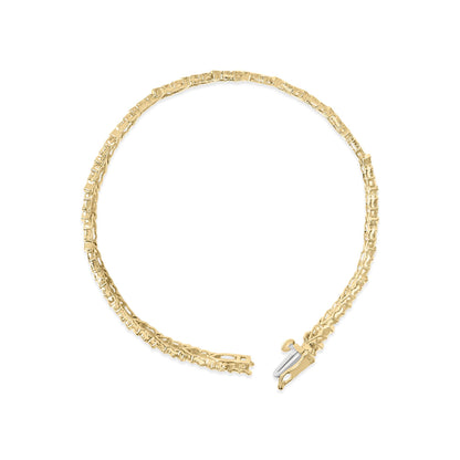 Close-up front angle of an open yellow and white metal bracelet with rectangular links and a clasp.