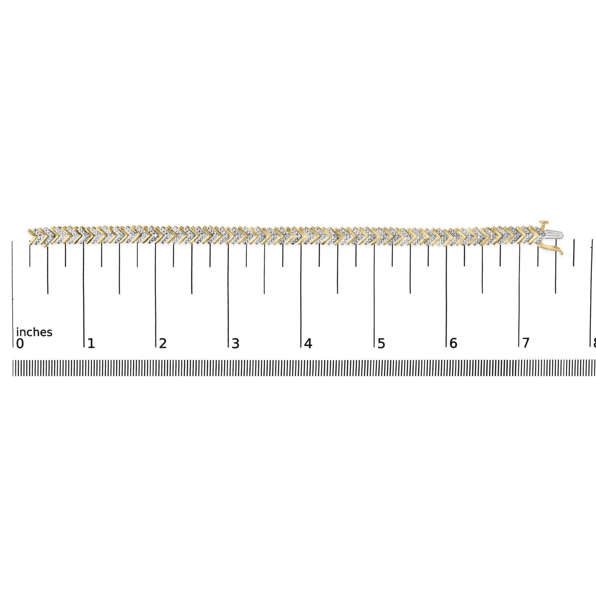 Bracelet with alternating yellow and white metal chevron shapes, each set with white round gemstones in prong settings, shown on a scale from a top-down angle.