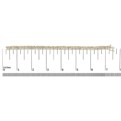 Bracelet with alternating yellow and white metal chevron shapes, each set with white round gemstones in prong settings, shown on a scale from a top-down angle.