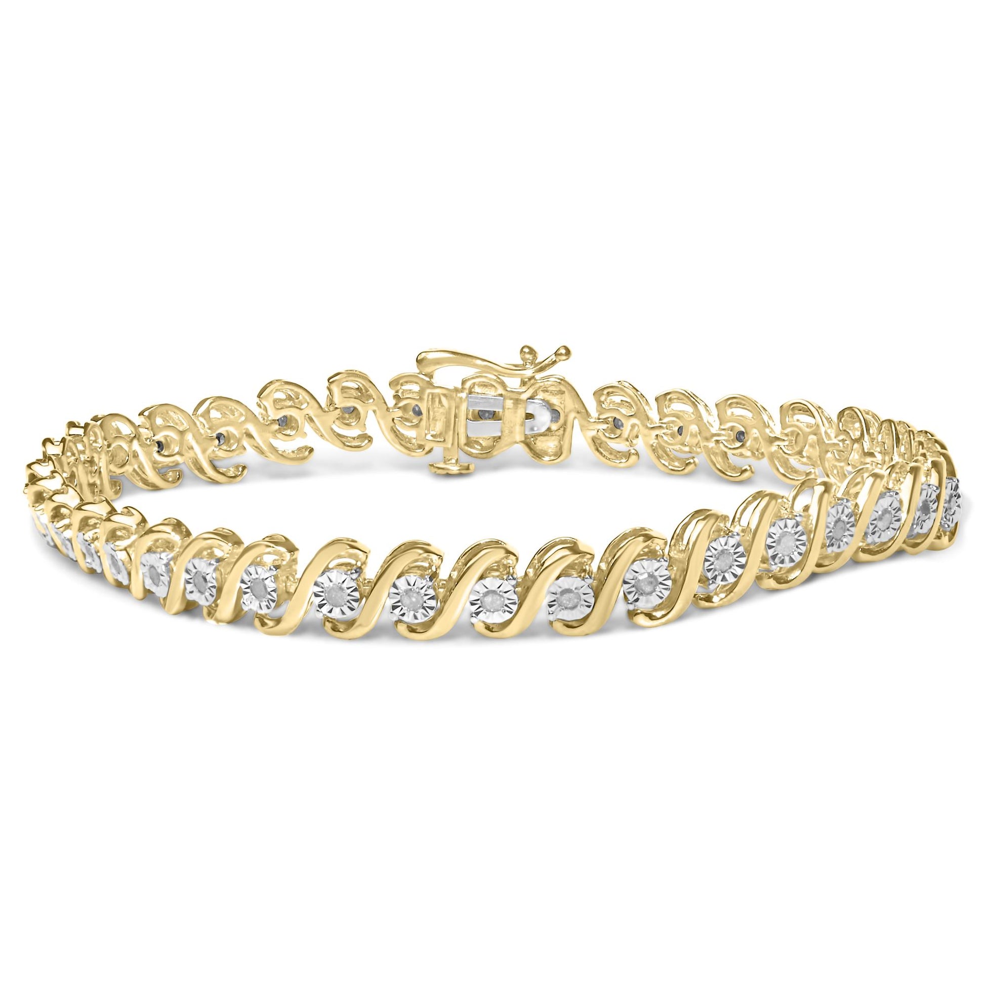 Bracelet with yellow and white metal twisted design and round white gemstones, shown from a front angle.