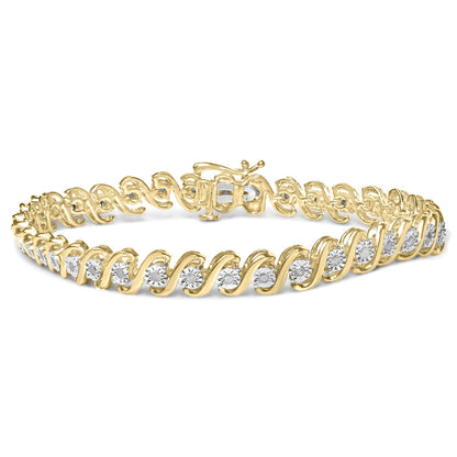 Bracelet with yellow and white metal twisted design and round white gemstones, shown from a front angle.