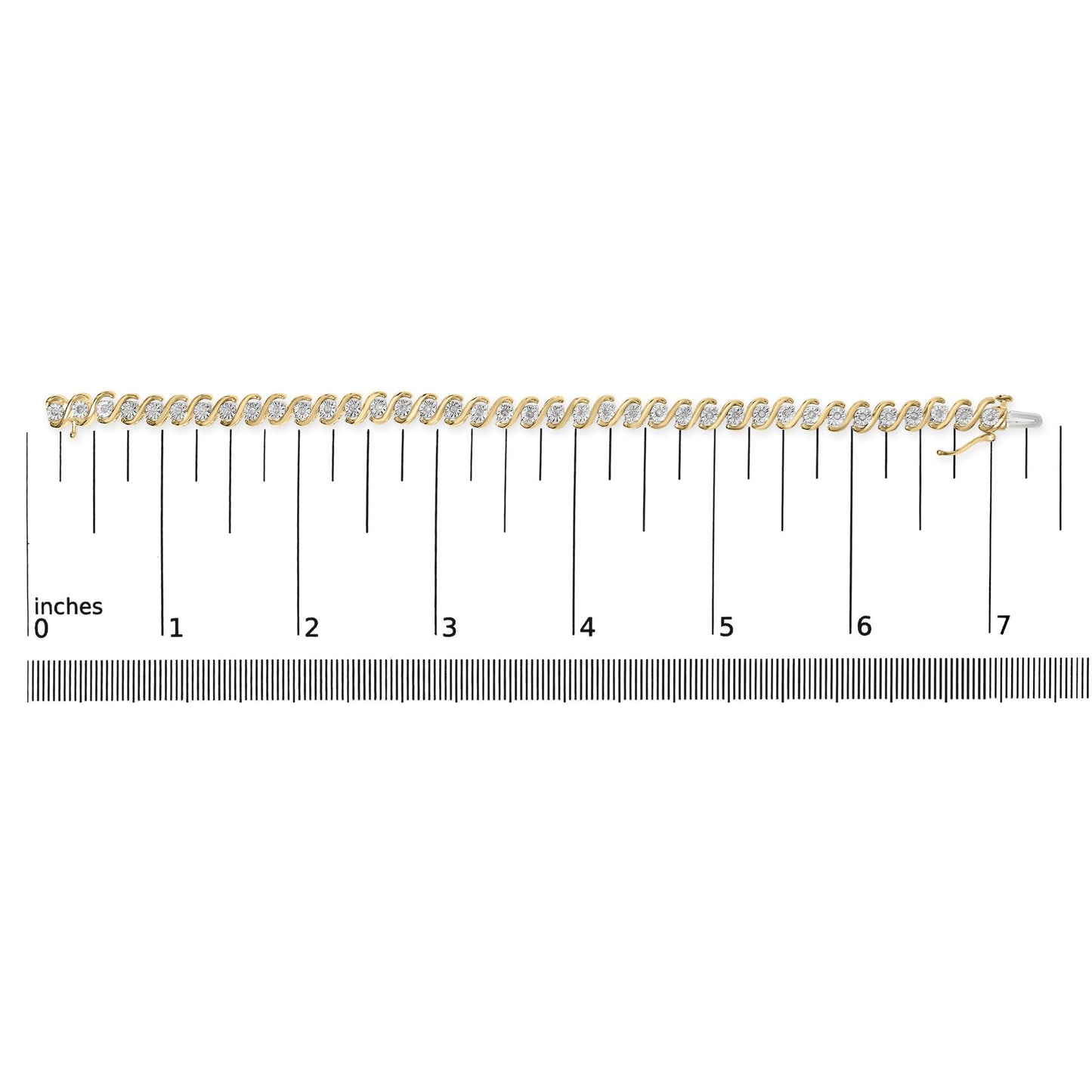 Bracelet with alternating yellow and white metal links each set with round white gemstones, laid flat on a ruler for size reference, shot from above.