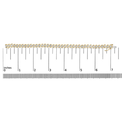 Bracelet with alternating yellow and white metal links each set with round white gemstones, laid flat on a ruler for size reference, shot from above.