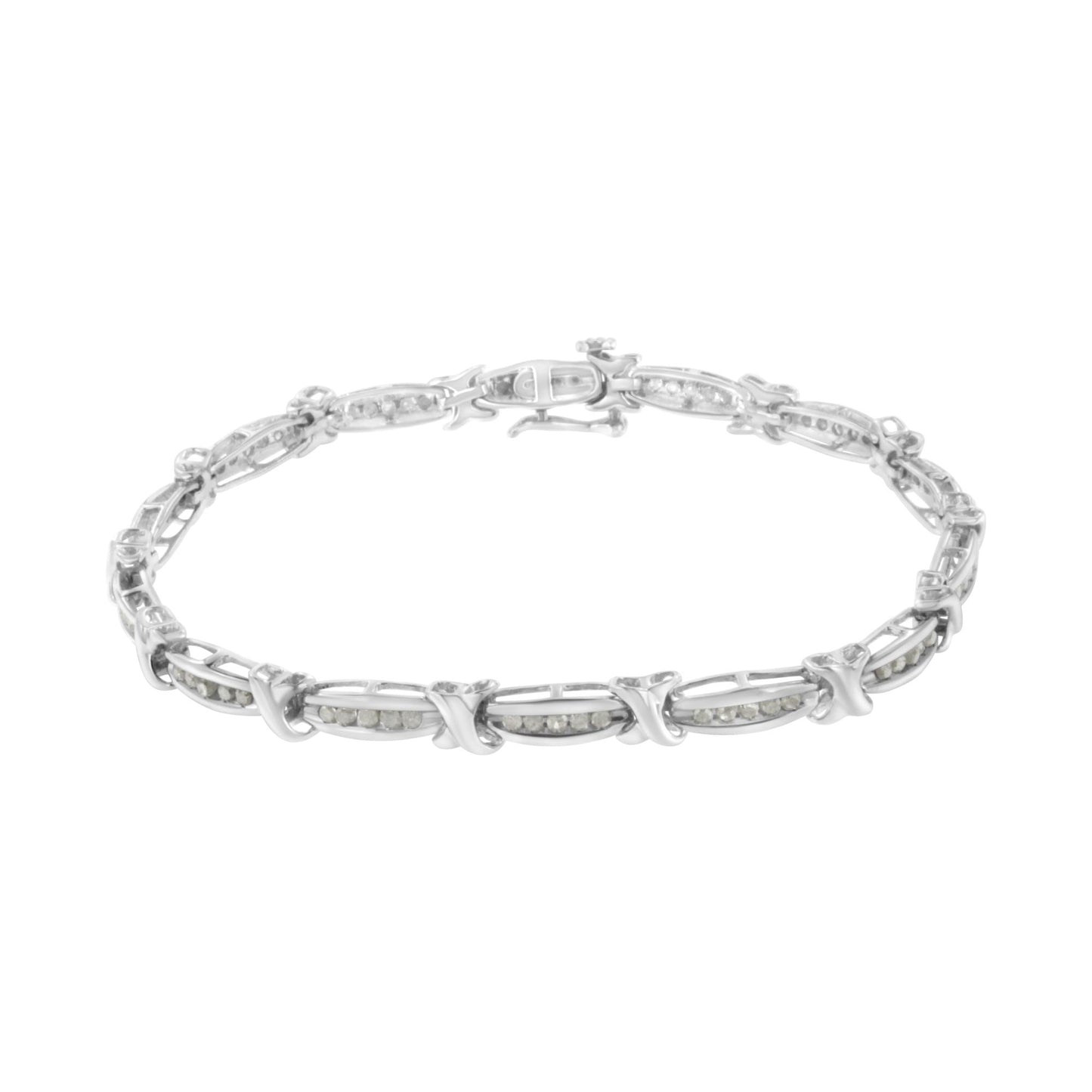 White metal bracelet with round white gemstones in a channel setting, shown from a front angle on a white background.