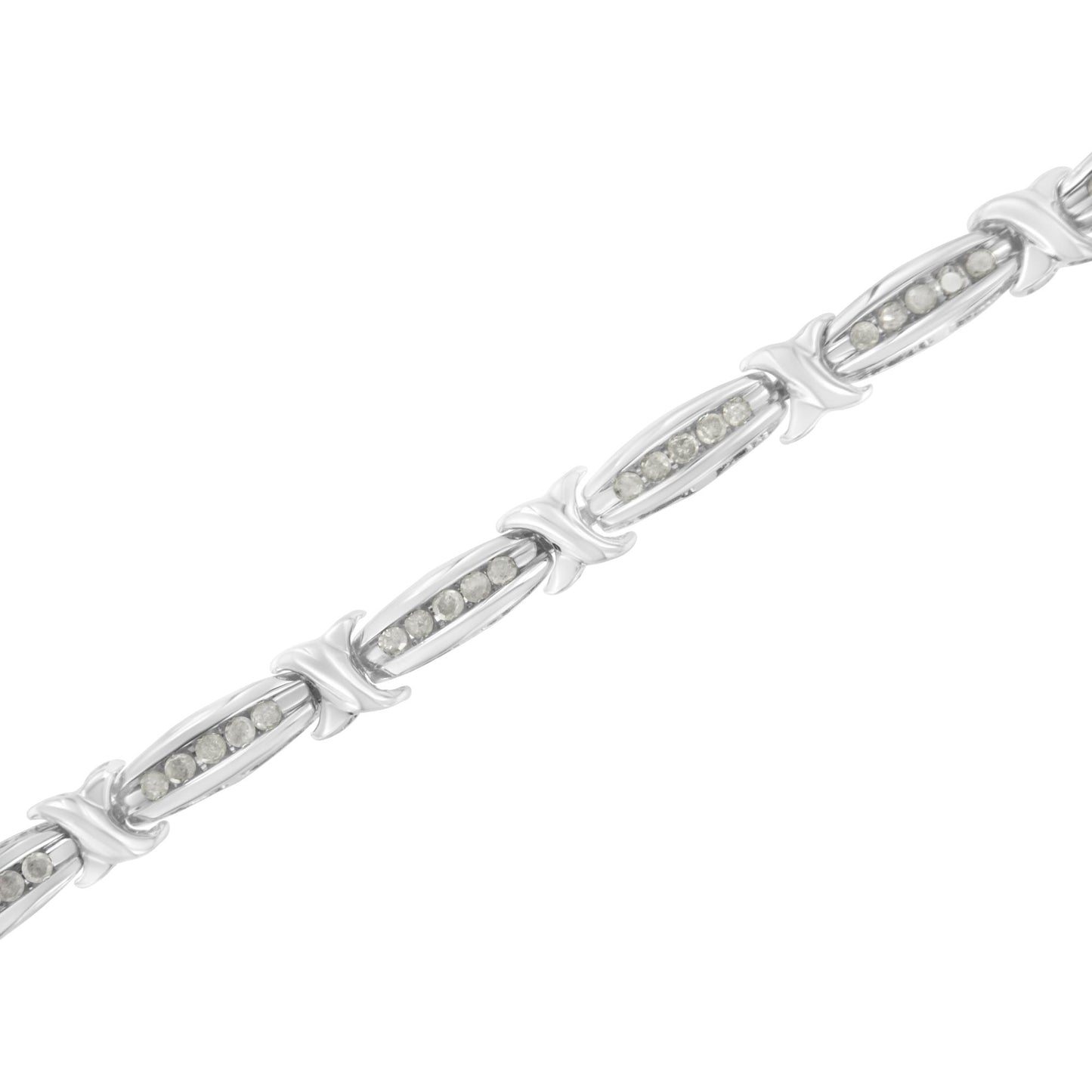 Diagonal close-up of a white metal bracelet featuring linked segments with round white channel-set gemstones.