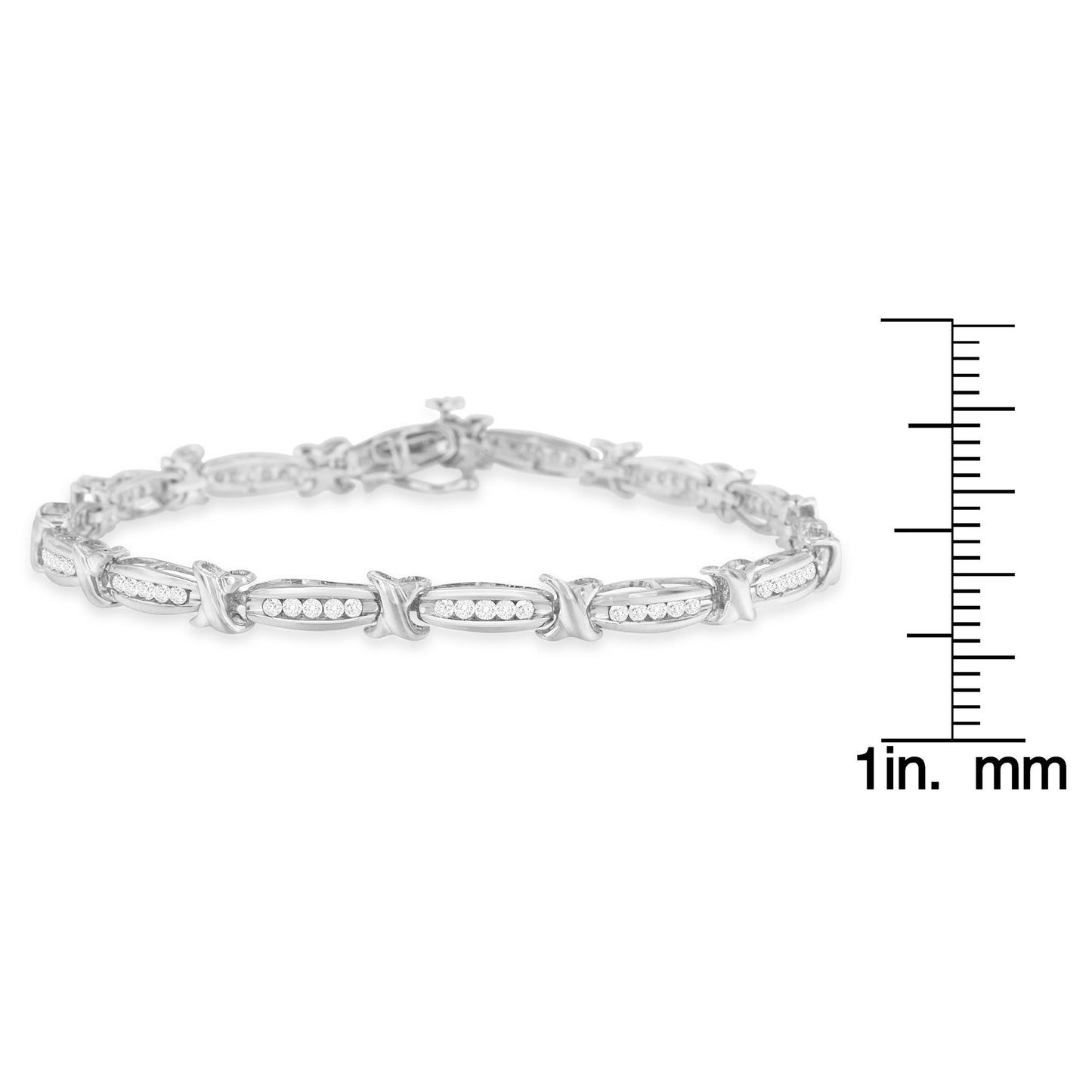 White metal bracelet with alternating links featuring channel-set round white gemstones, displayed flat with a size ruler for reference.