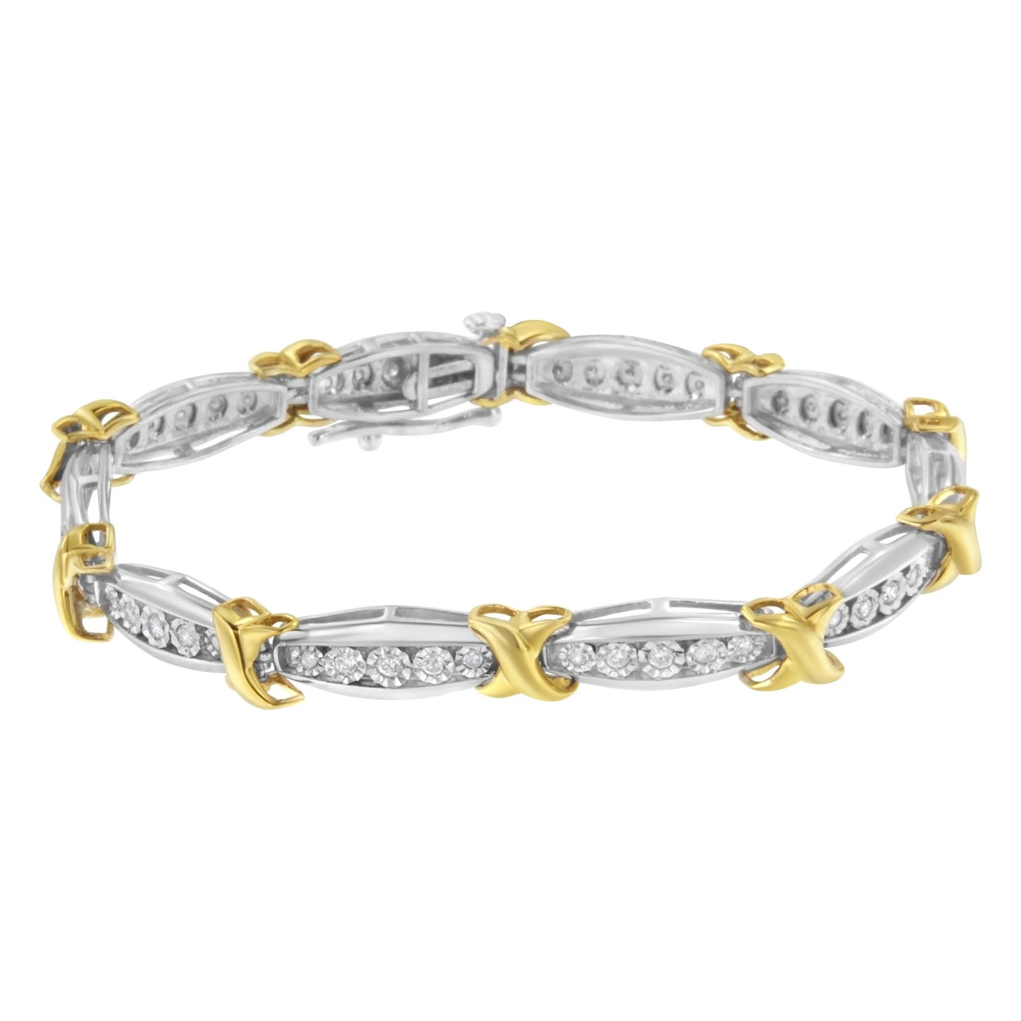 Bracelet with alternating yellow and white metal links, each white metal link set with round white gemstones in miracle setting, shown in a close-up side angle.