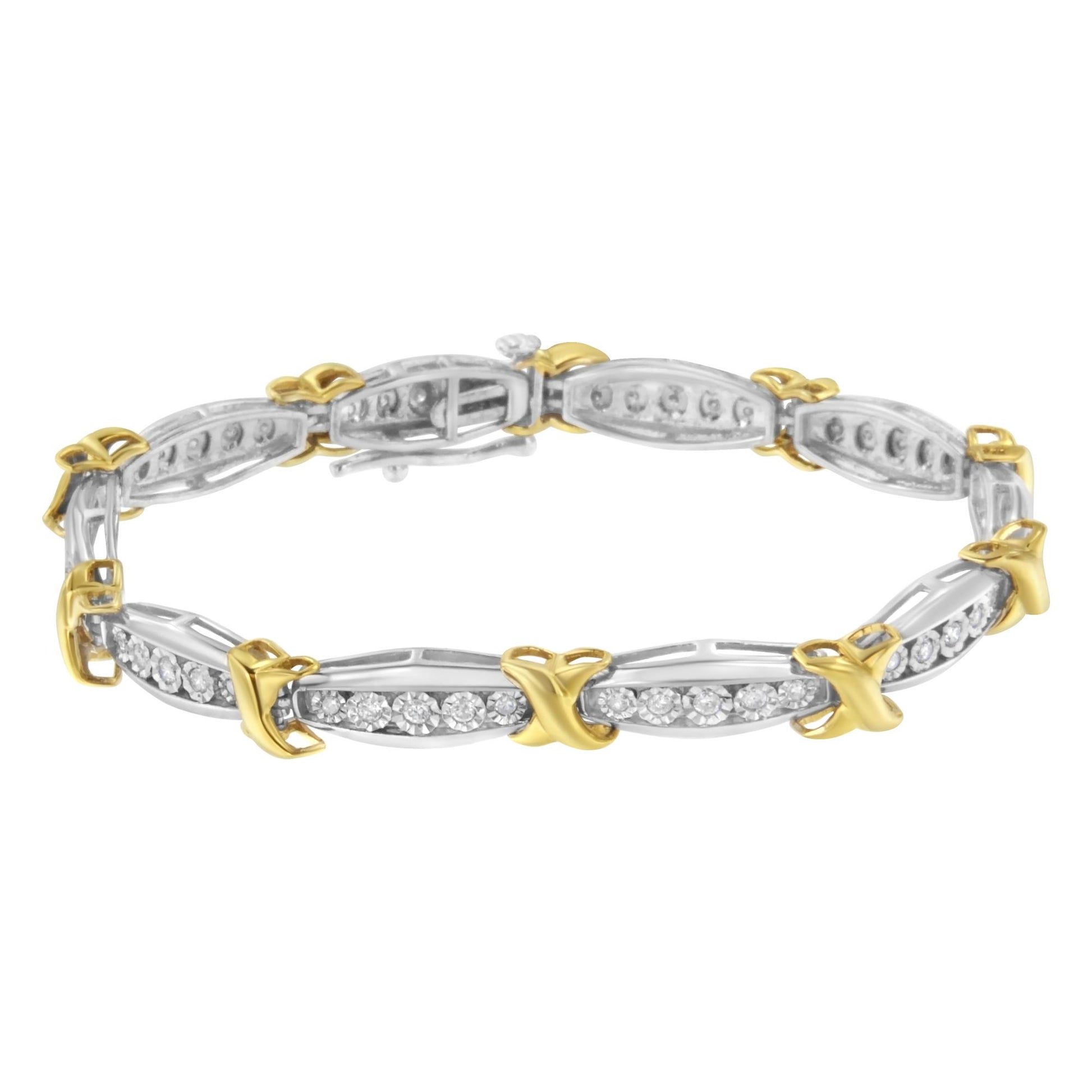 Bracelet with alternating yellow and white metal links, each white metal link set with round white gemstones in miracle setting, shown in a close-up side angle.