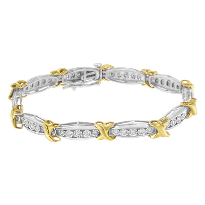 Bracelet with alternating yellow and white metal links, each white metal link set with round white gemstones in miracle setting, shown in a close-up side angle.